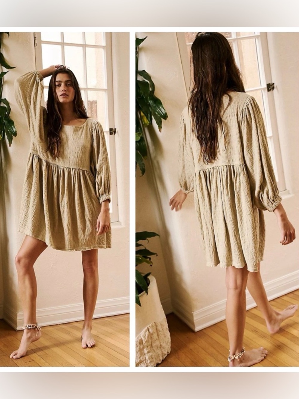 Free People FP Beach Get Obsessed Tiered Babydoll Mini Dress Beige Tan Large